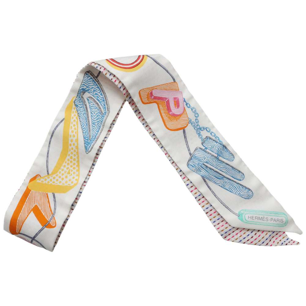 HERMES Scarf Twilly Chevaloscope Blanc/Rose/Vert Silk100%