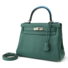 Load image into Gallery viewer, HERMES Kelly Au Pass Malachite/Black/Blue Zanzibar Togo Leather Evercolor Box Calf Leather Size 28
