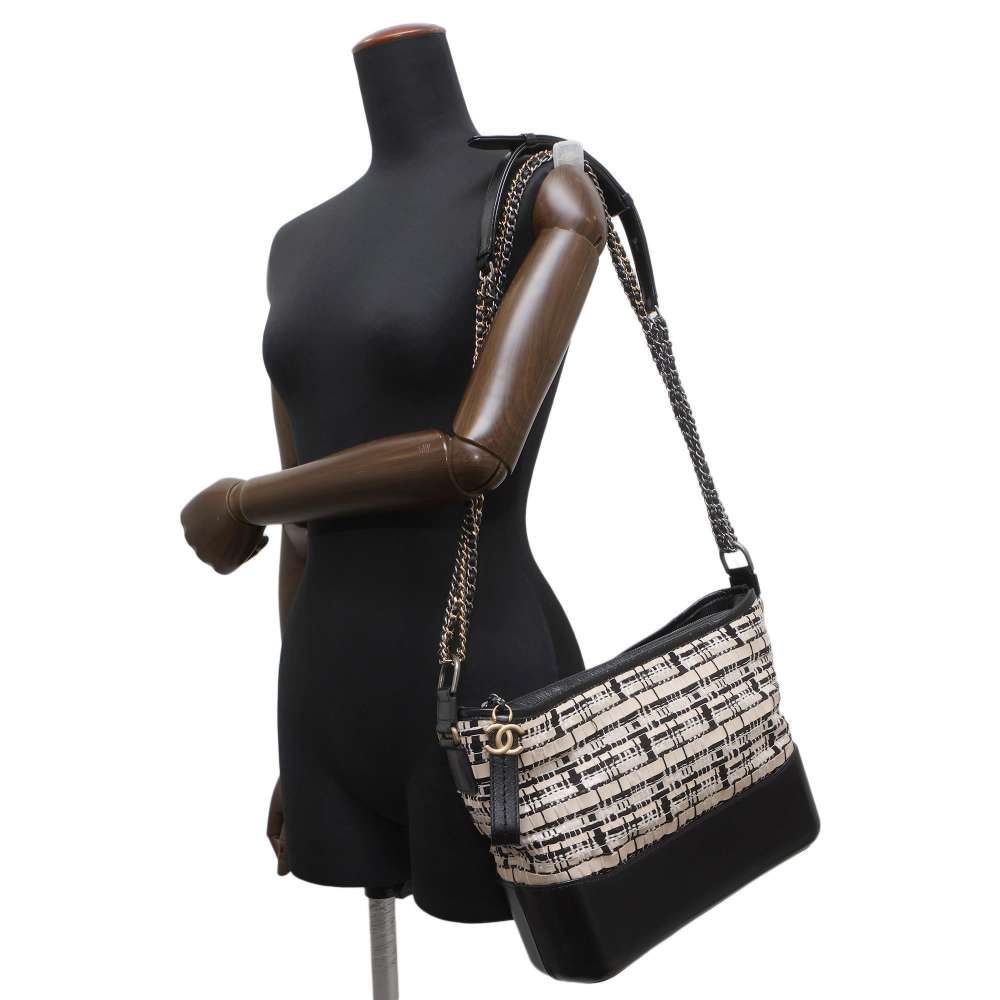 CHANEL Gabrielle Tweed ChainShoulder Bag Beige/Black Tweed Leather 
