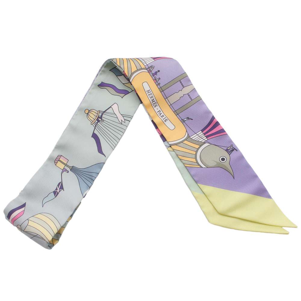 HERMES Twilly Sky Madness Les Folies du Ciel Mauve/Jaune/Vert Silk100%