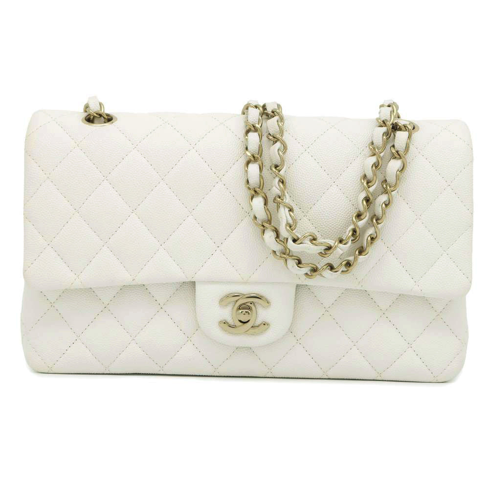 CHANEL Matelasse ChainShoulder Bag White A01112 Caviar Leather Size 25