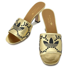 将图像加载到图库查看器中，GUCCI Adidas Collaboration GG Logo Slide Sandals Gold/Black 722445 Leather Velour Size 38 1/2
