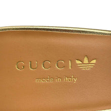 将图像加载到图库查看器中，GUCCI Adidas Collaboration GG Logo Slide Sandals Gold/Black 722445 Leather Velour Size 38 1/2
