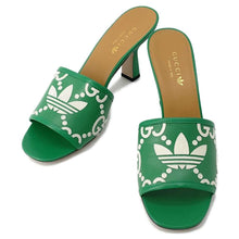 将图像加载到图库查看器中，GUCCI Adidas Collaboration GG Logo Slide Sandals Green/White 722445 Leather Velour Size 39.5
