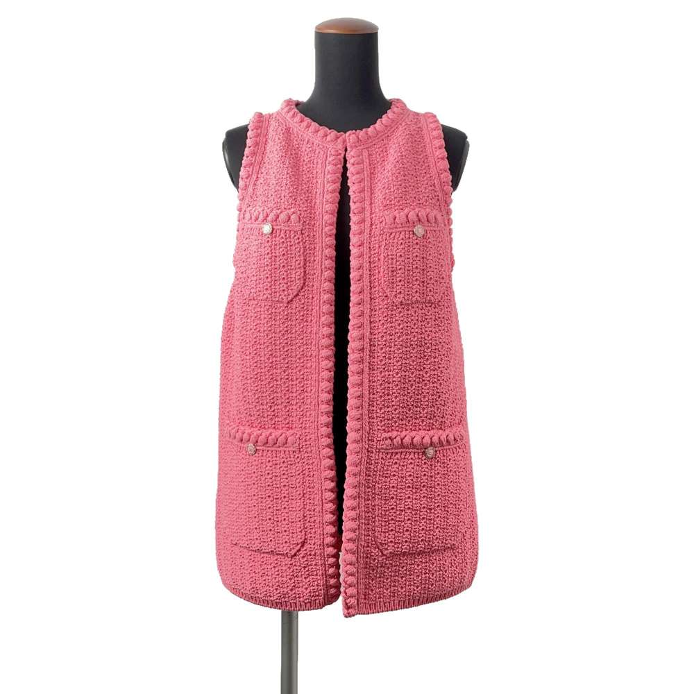 CHANEL COCO Button Gilet Knit Vest Size 34 Pink P72795 Cotton80% Nylon20%