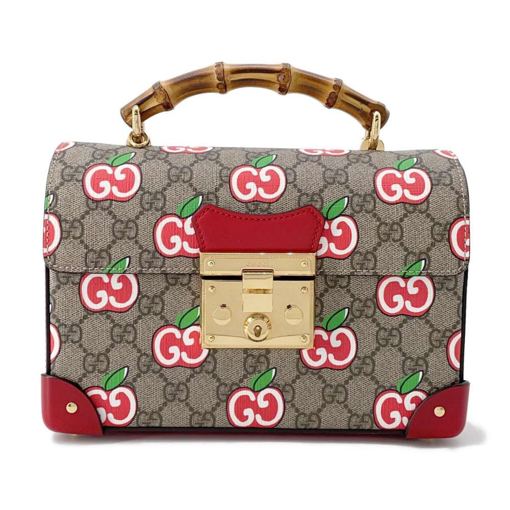 GUCCI GG Apple Bamboo 2way Bag Beige/Red 603221 GG SupremeCanvas