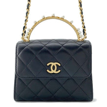 Load image into Gallery viewer, CHANEL Matelasse Pearl Logo Top Handle ChainShoulder Bag Black AP3513 Lambskin
