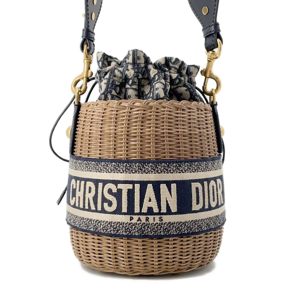 Dior ObliqueWicker Basket Drawstring Bag Shoulder Bag Brown/Navy M7600CMVO Rattan Canvas