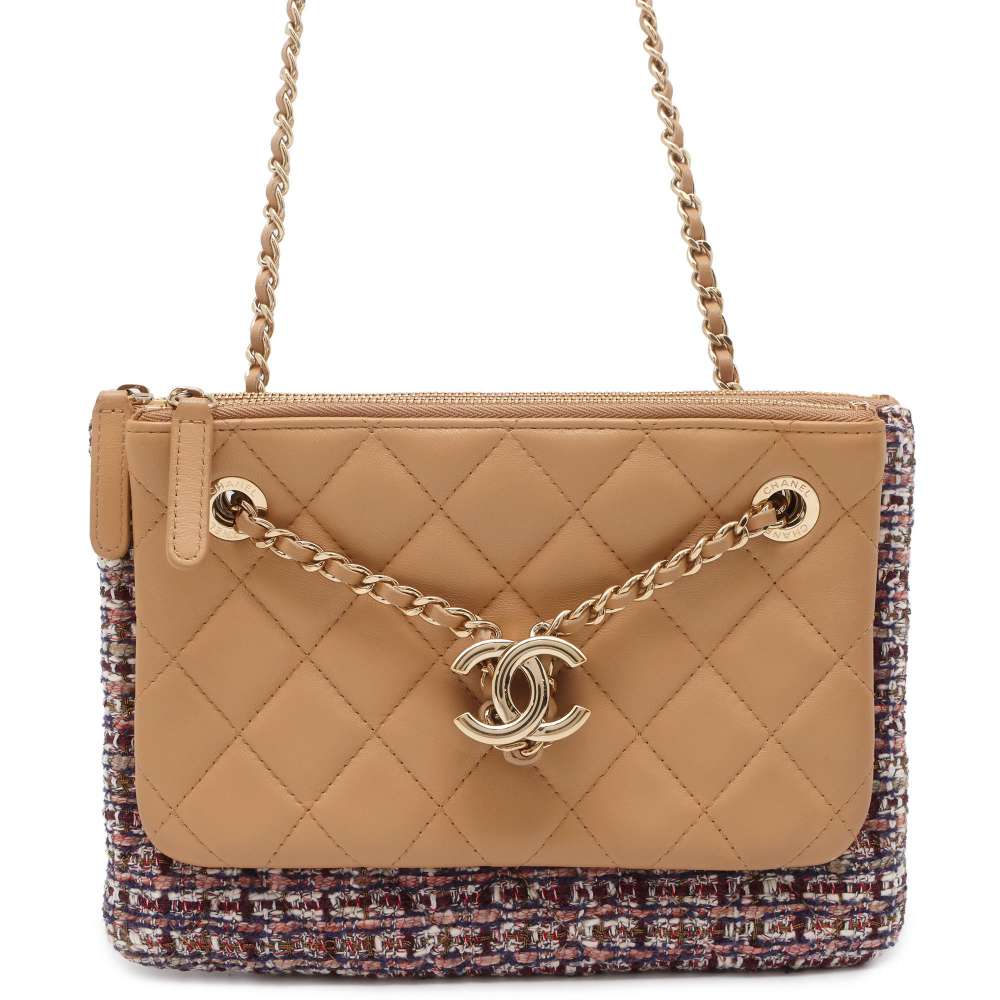 CHANEL Matelasse Chain ShoulderPouch Beige/Multicolor AP1074 Leather Tweed