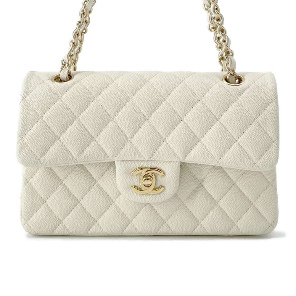 CHANEL Matelasse W Flap W Chain Shoulder Off-white A01113 Caviar Leather Size 23