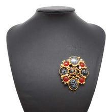 Load image into Gallery viewer, CHANEL CC Logo Color Stone Brooch Gold/Black/Red Metal
