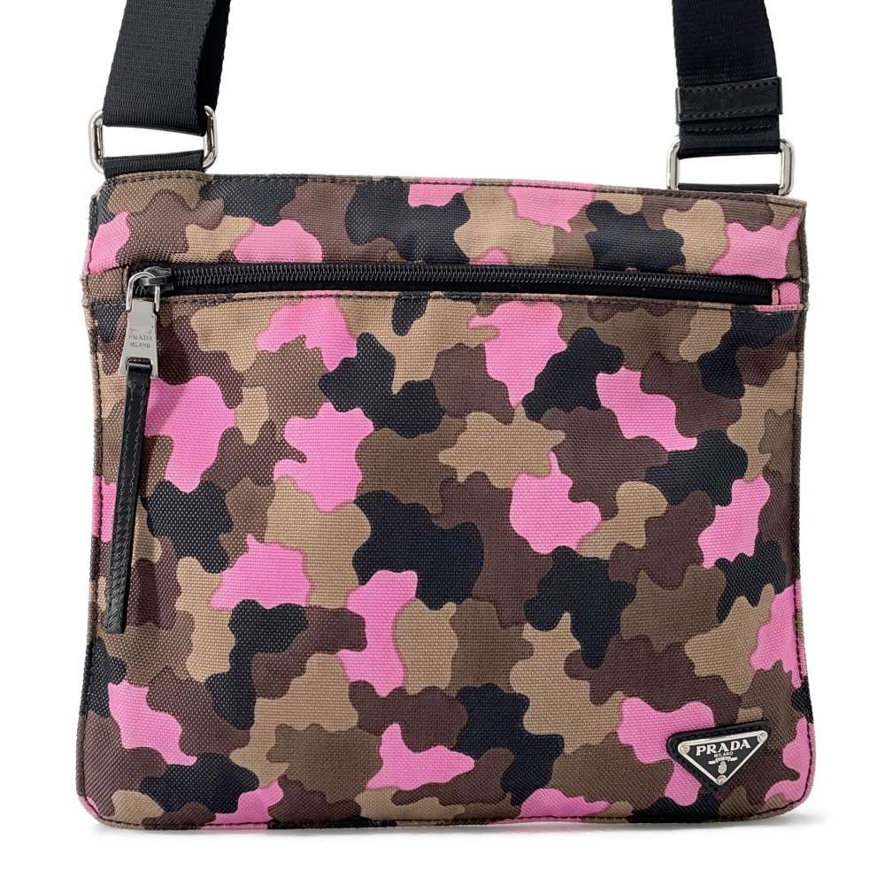 PRADA Camouflage Pattern Shoulder Bag Pink/Khaki VA0886 Nylon Canvas