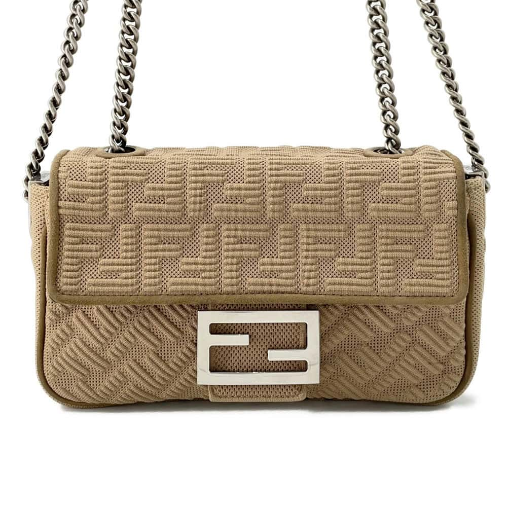 FENDI Midi Baguette FF Fabric ChainShoulder Bag Beige 8BR793 Fabric suede