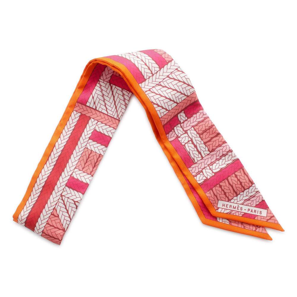 HERMES Twilly TRESSES H Rose vif/Orange/Blanc Silk100%