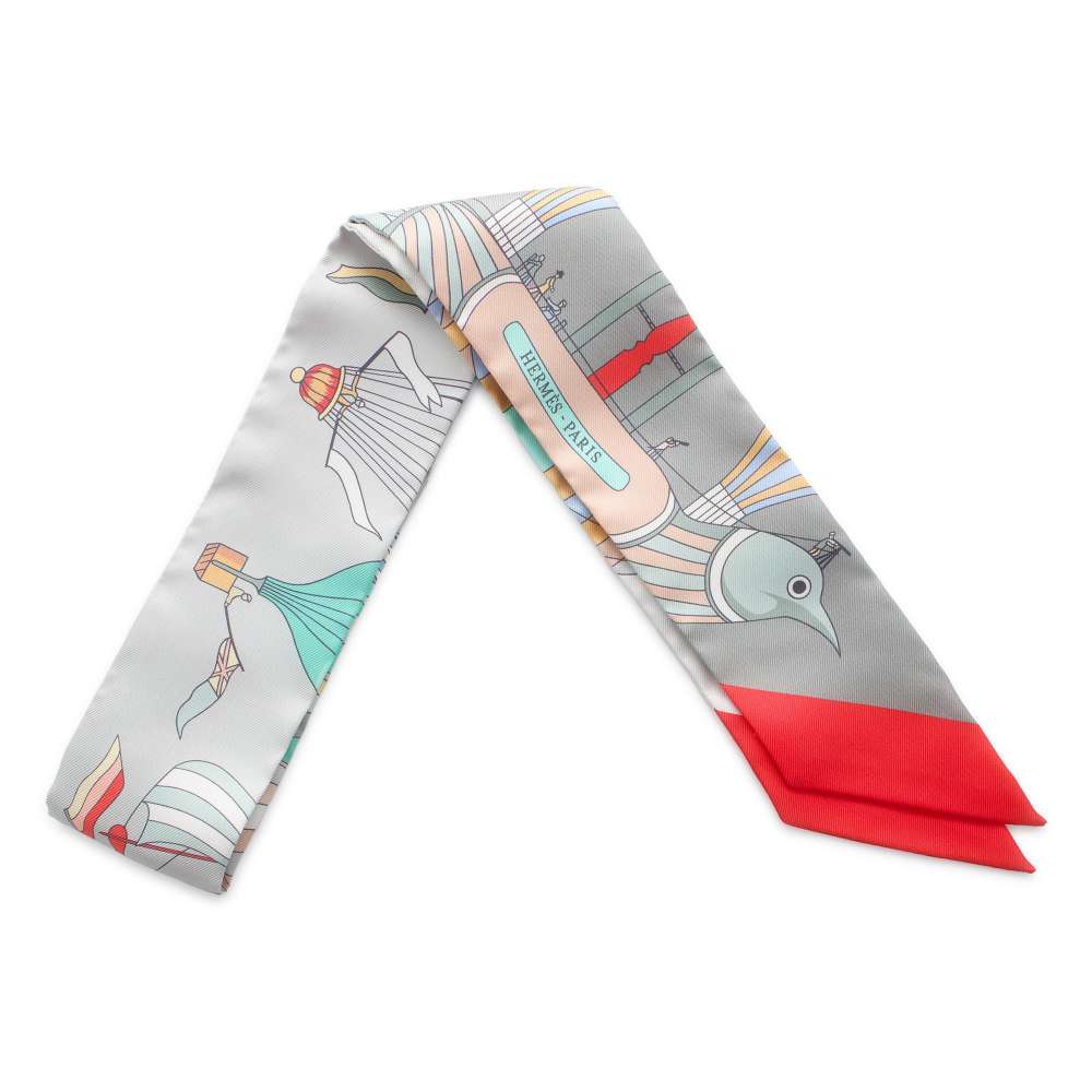 HERMES Twilly Sky Madness Les Folies du Ciel Grispar/Grenadine Silk100%