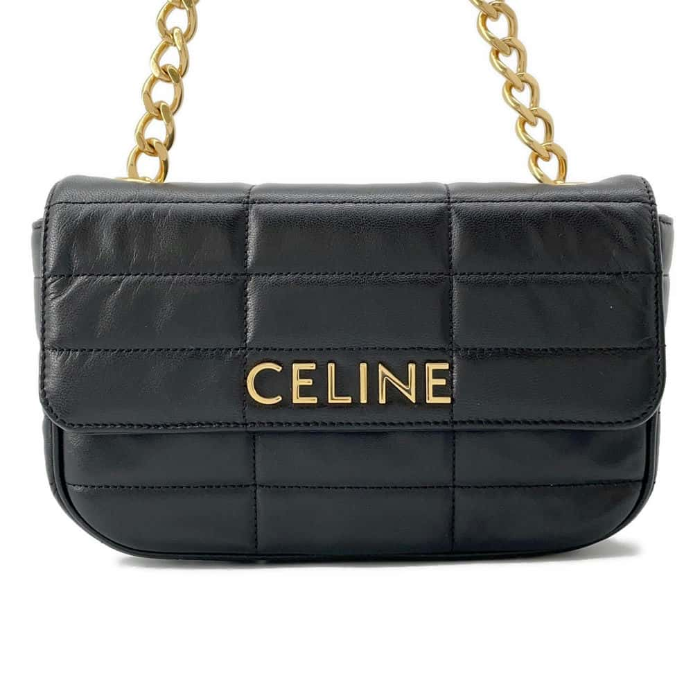 CELINE Chain Shoulder Bag Matelasse Mono Chrome Black 111273EYD Leather