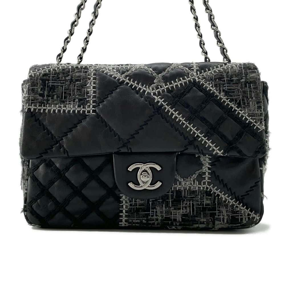 CHANEL CC Logo Patchwork ChainShoulder Bag Black/Gray Lambskin Tweed