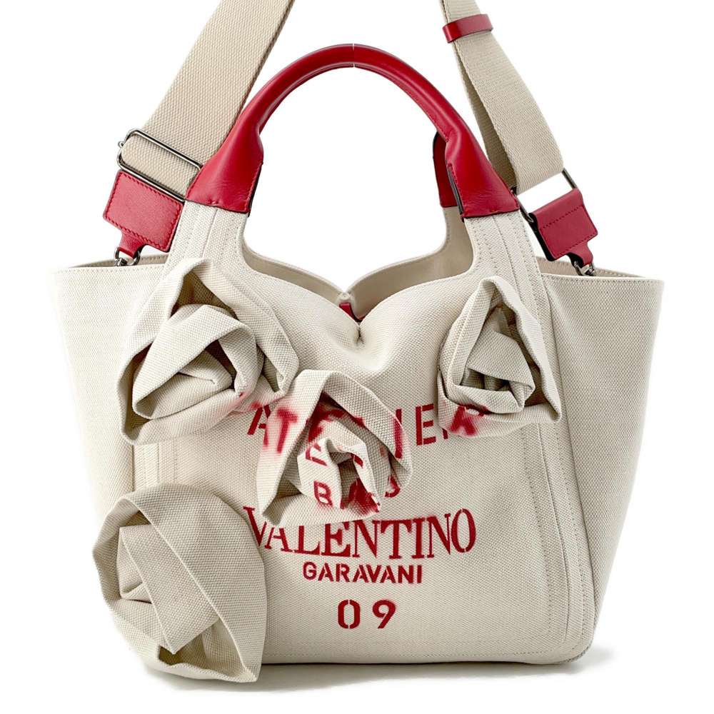 Valentino Garavani Atelier Tote Bag Beige/Red Canvas Leather