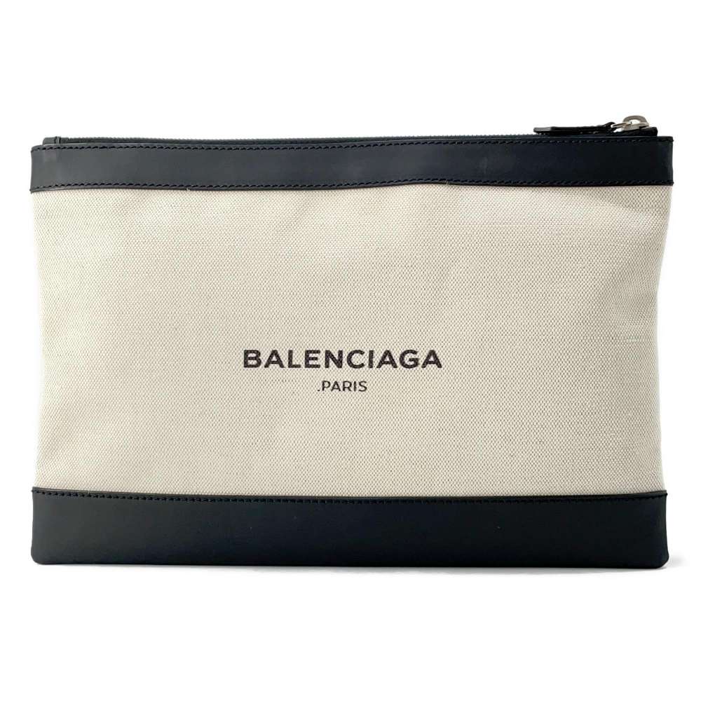 BALENCIAGA Navy clip Black/Beige 373834 Canvas Leather Size M