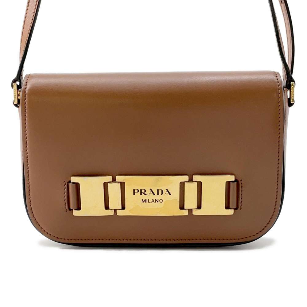 PRADA Logo Shoulder Bag Brown Leather