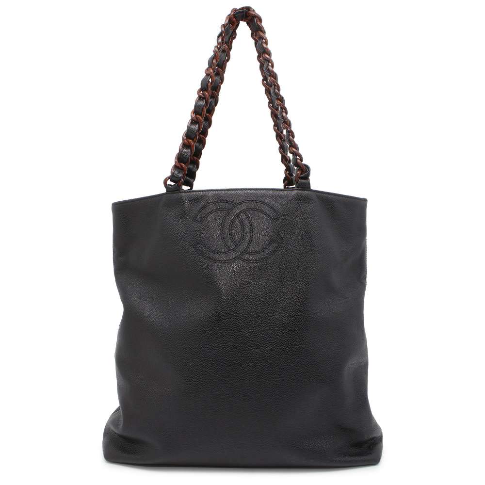 CHANEL CC Logo Wood Grain Plastic Chain Tote Bag Black A14202 Caviar Leather