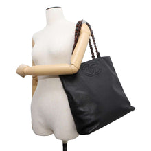 将图像加载到图库查看器中，CHANEL CC Logo Wood Grain Plastic Chain Tote Bag Black A14202 Caviar Leather
