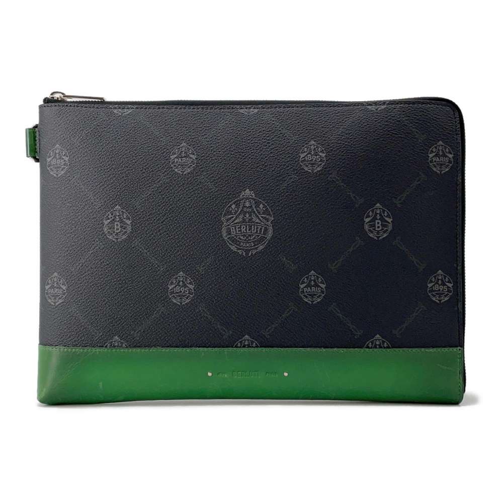 Berluti Nino Clutch Bag Black/Green PVC Coated Canvas Leather Size GM