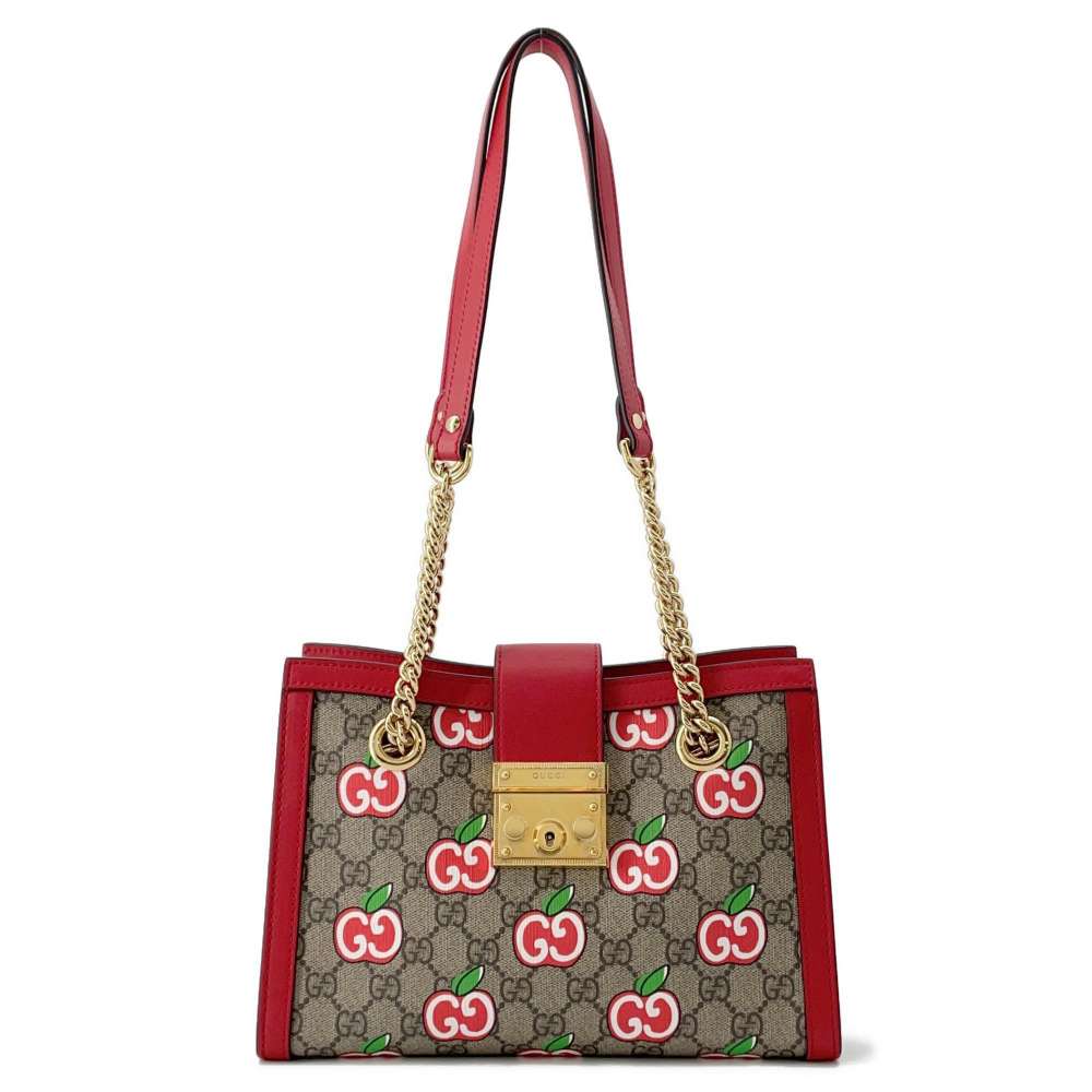 GUCCI GG Apple ChainShoulder Bag Beige/Red 498156 GG SupremeCanvas Leather