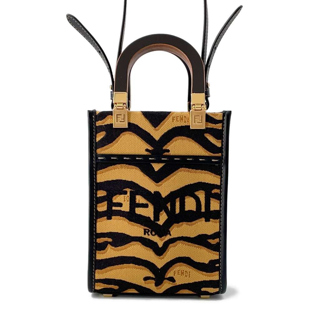 FENDI Sunshine Shopper 2WAY Shoulder Bag Brown/Black 8BS051 Canvas Wood Leather