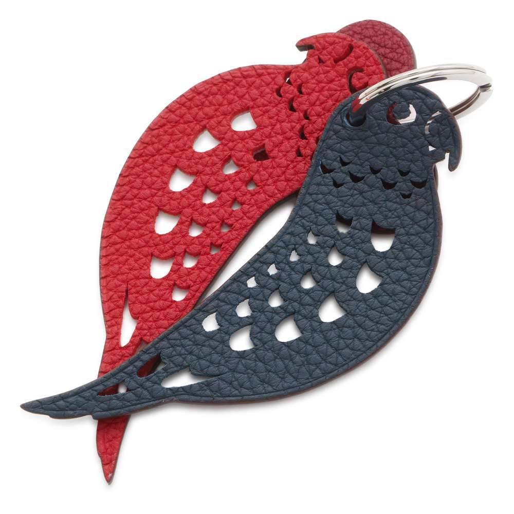 HERMES Petit H Key Ring Heart Parakeet Rouge Vif/Blue Indigo/Orange/White/Black Togo Leather Epsom