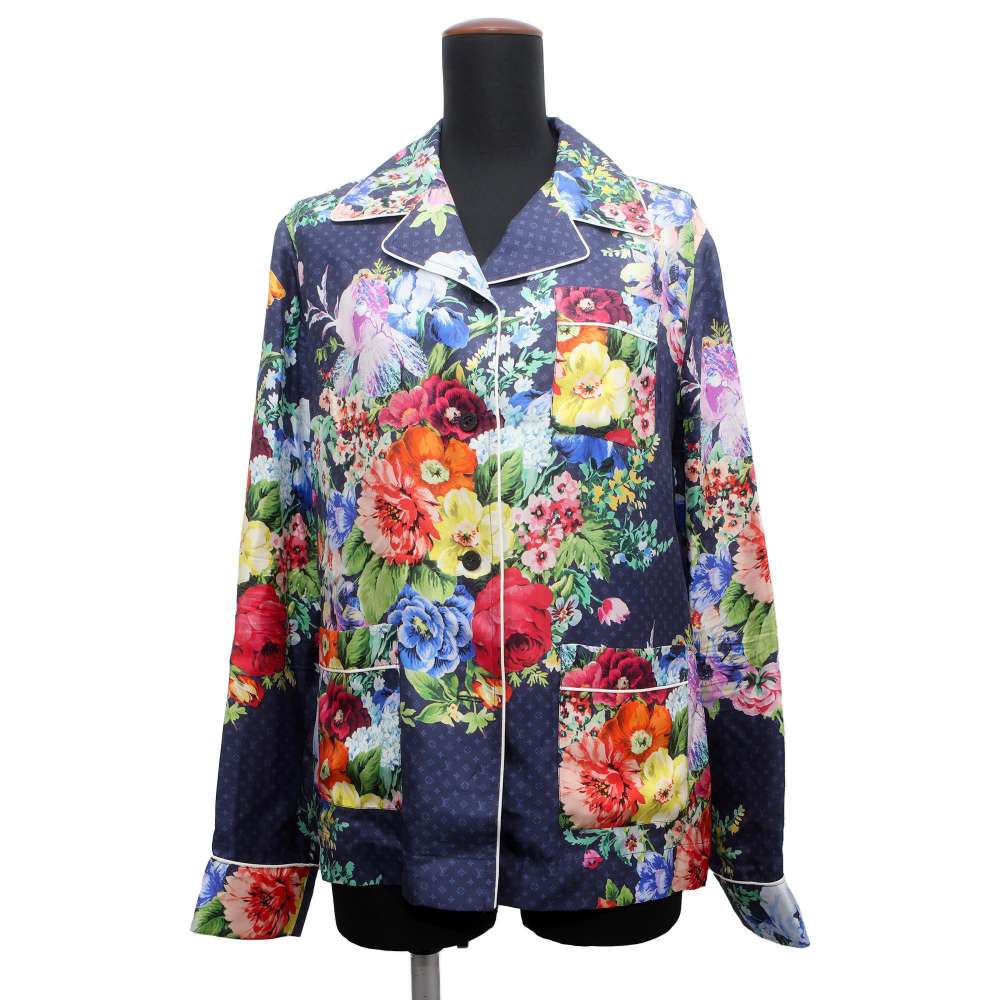 LOUIS VUITTON Floral Long Sleeve Shirt Pajama Style Size 38 Blue/Multicolor Silk100%