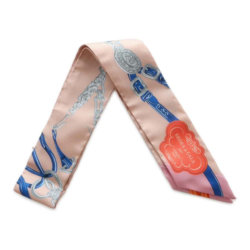 HERMES Twilly BRIDES DE GALA APPLIQUE Rose Poudre/Blue/Grease Silk100%