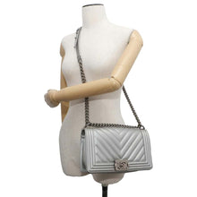 Load image into Gallery viewer, CHANEL Boy Chanel Chevron ChainShoulder Bag Silver A67086 Caviar Leather Size 25
