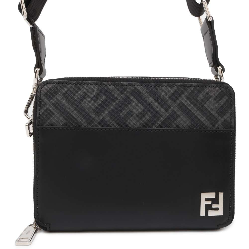 FENDI Zucca Organizer Shoulder Bag Black/Gray 7M0357 PVC Coated Canvas Leather