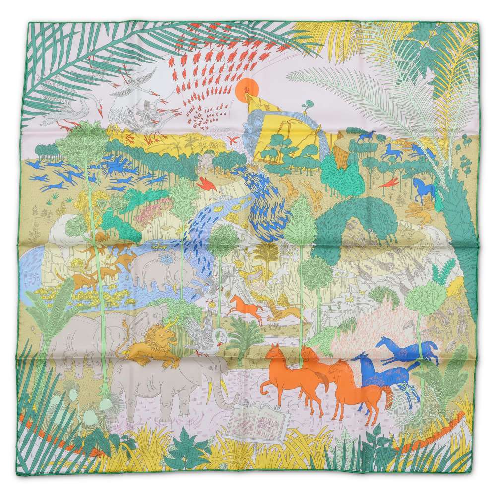 HERMES Carre Carnival of the Animals LE CARNAVAL DES ANIMAL Size 90 Rose pale/Vert/Jaune Silk100%