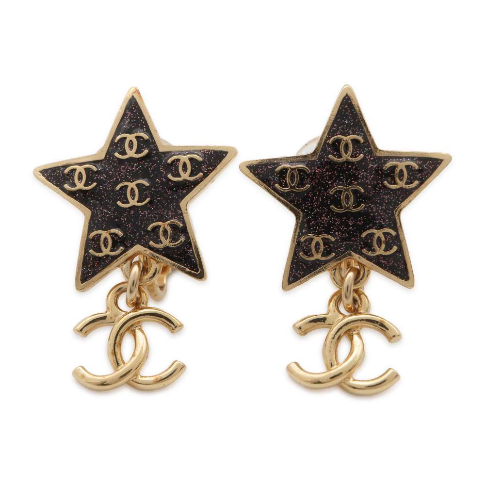 CHANEL CC Logo Star Motif Earrings Black Metal