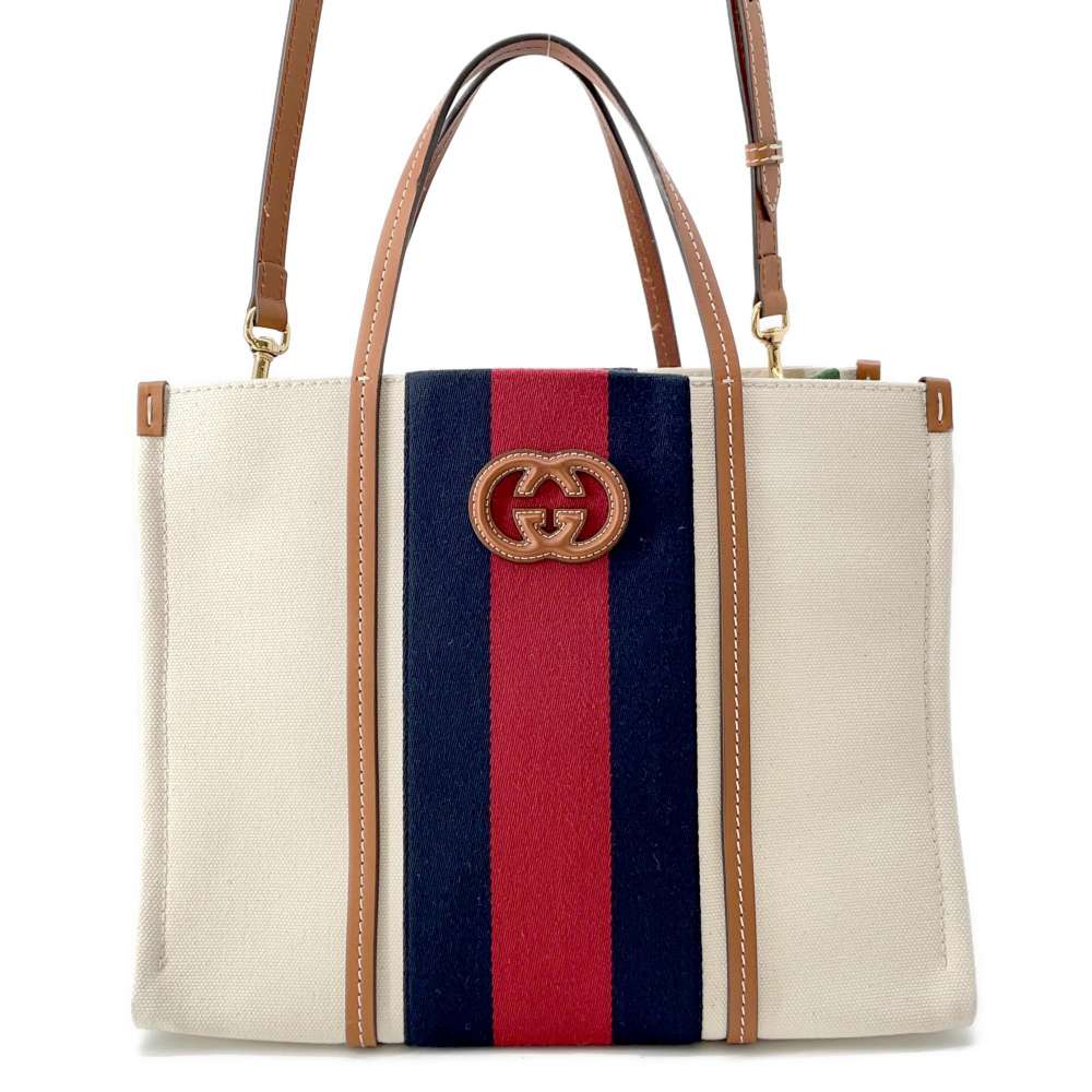 GUCCI Interlocking G 2way Tote Bag Natural/Blue/Red727721 Canvas Leather Size Medium