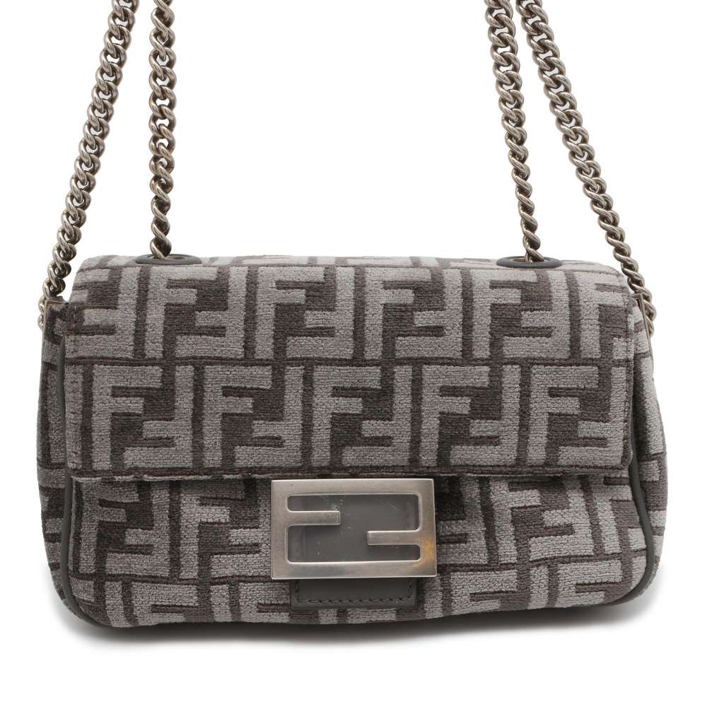 FENDI Zucca ChainShoulder Bag Gray 8BR793 Viscose Polyester Cotton Calf Leather