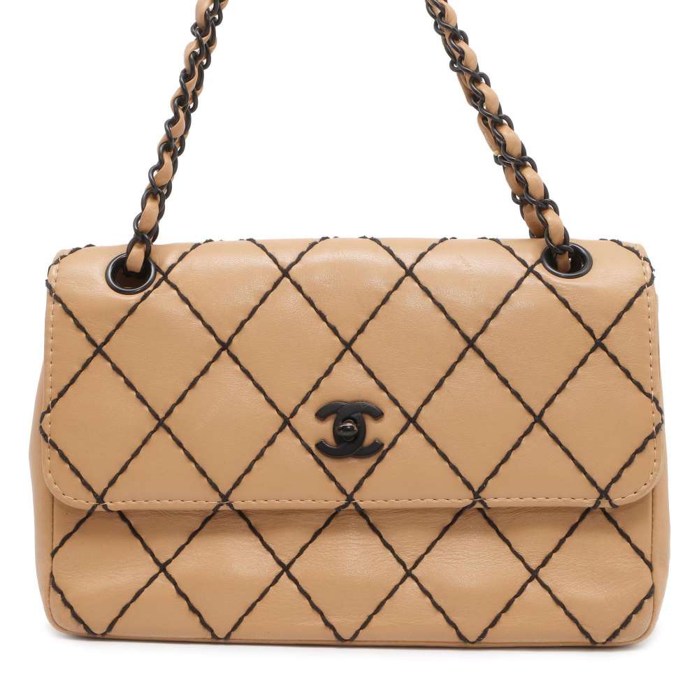 CHANEL CC Logo Wild Stitch Double Chain Shoulder Bag Beige A14687 Calf Leather