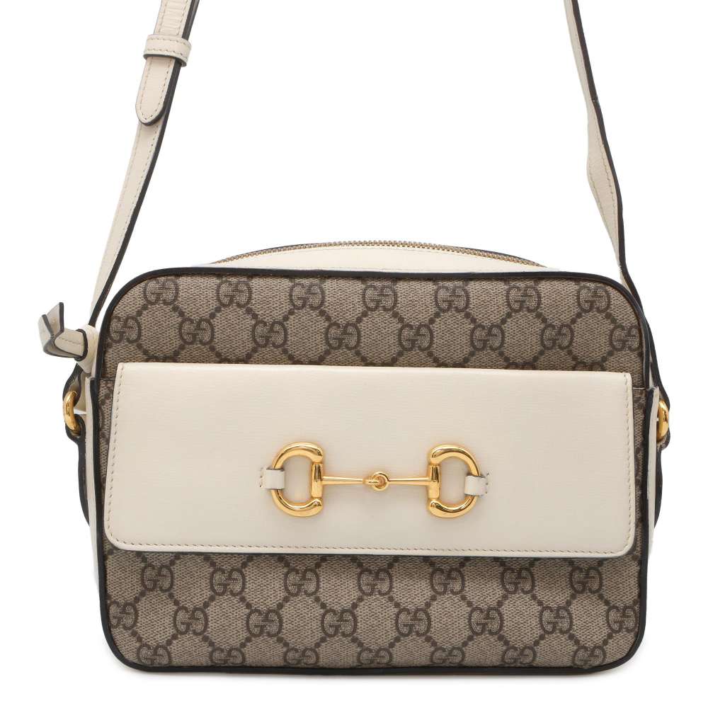 GUCCI GG Supreme Horsebit Shoulder Bag Beige/White 645454 PVC Leather Size Small