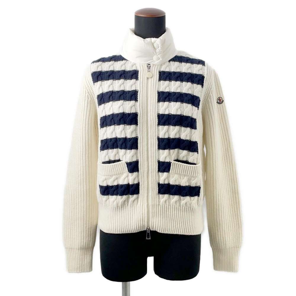 MONCLER Down knit cardigan striped Size XS White/Navy J10939B00004M1241P70 Wool 100%