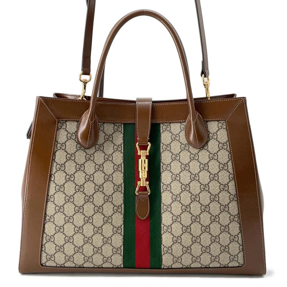 GUCCI Jackie 1961 2WAY Tote Bag Brown/Beige 649015 GG SupremeCanvas Leather Size Large