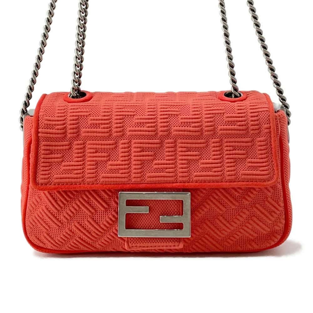 FENDI Midi Baguette Chain Shoulder Bag Red 8BR793 FabricSuede Leather