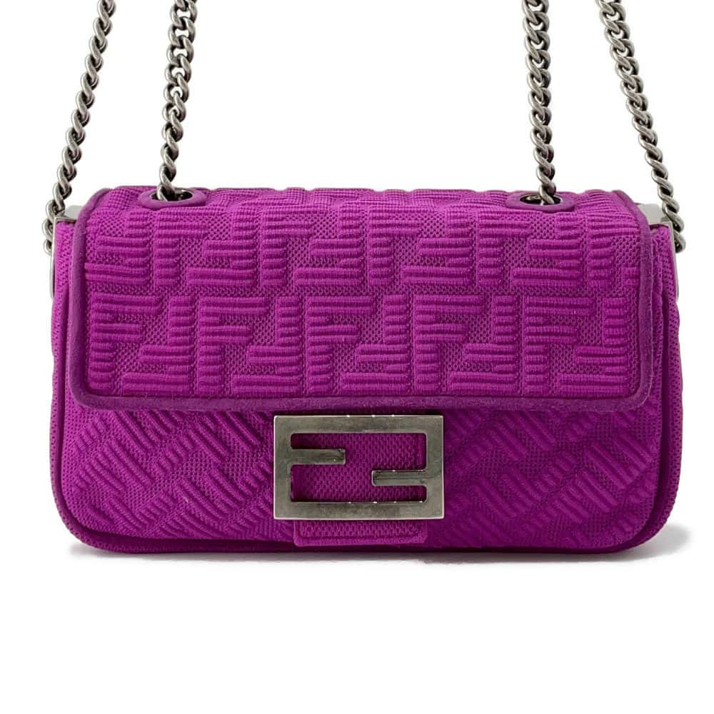 FENDI Midi Baguette Chain Shoulder Bag Purple 8BR793 FabricSuede Leather