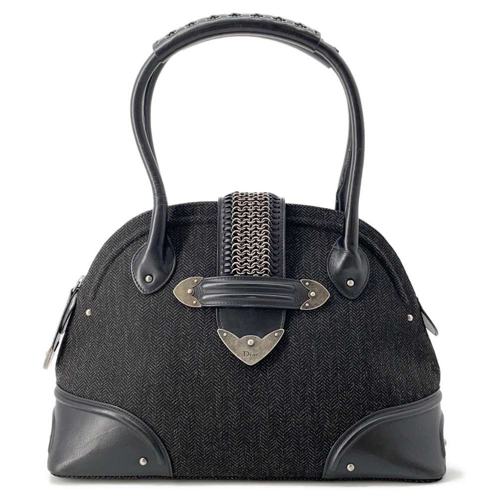 Dior Chain flap Tote Bag Black Wool  Leather