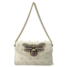 将图像加载到图库查看器中，GUCCI Broadway ChainShoulder Bag White 453778 Leather Faux Pearl  Rhinestone
