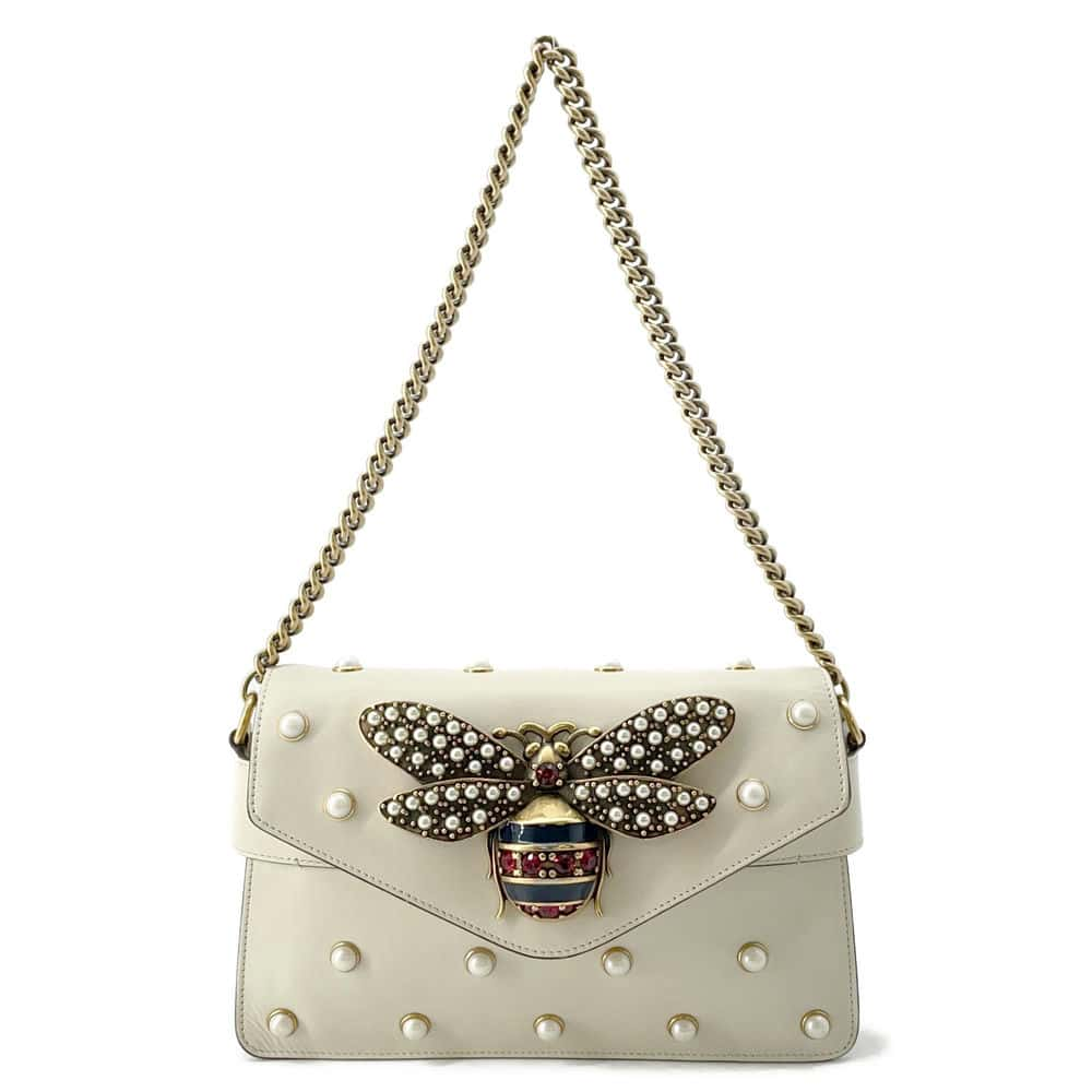 GUCCI Broadway ChainShoulder Bag White 453778 Leather Faux Pearl  Rhinestone