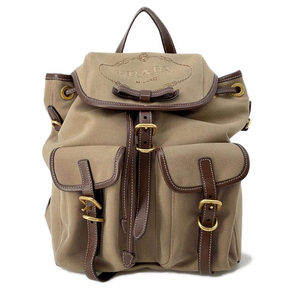 PRADA Logo Backpack Beige/Brown 1BZ677 Canvas Leather