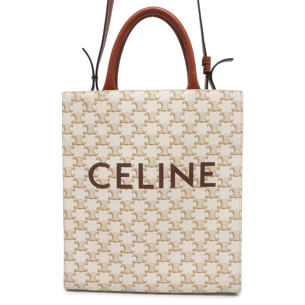 CELINE Vertical Kaba 2WAY Tote Bag Beige/Brown PVC Leather Size Small