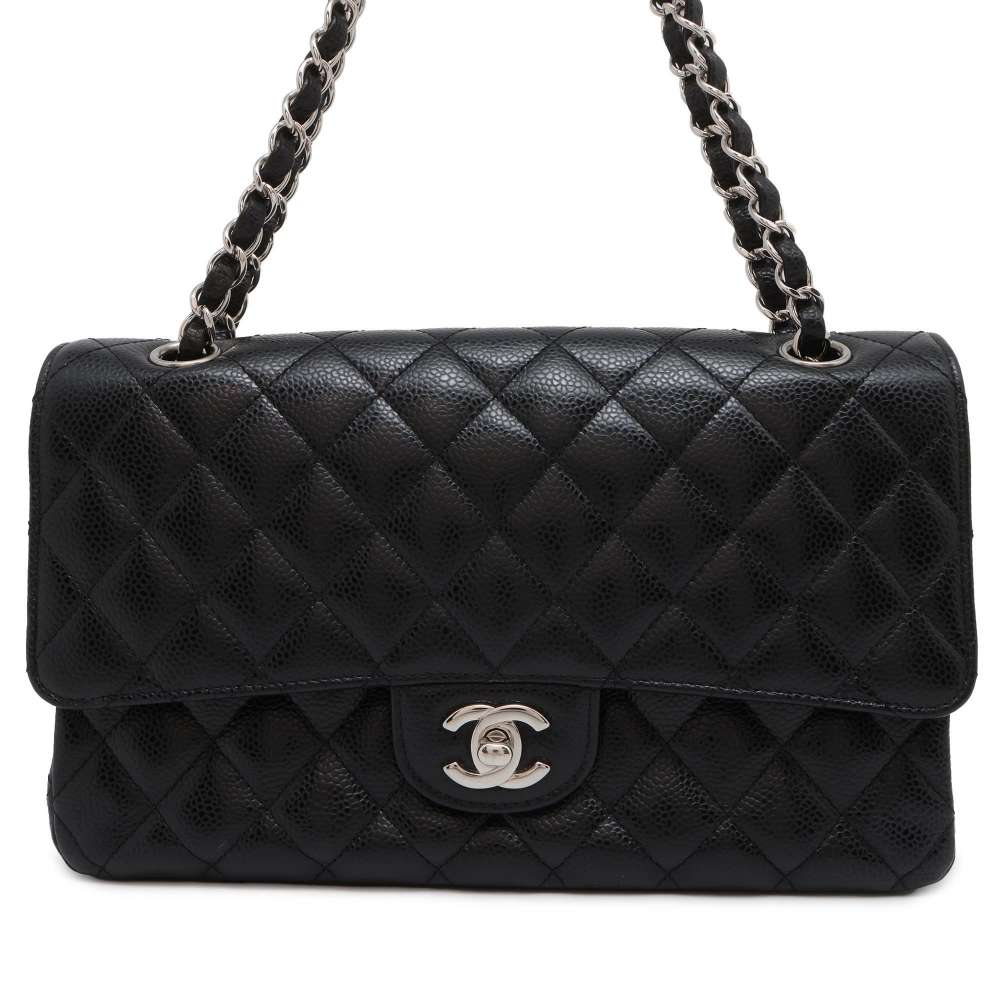 CHANEL Matelasse W Flap ChainShoulder Bag Black A01112 Caviar Leather Size 25